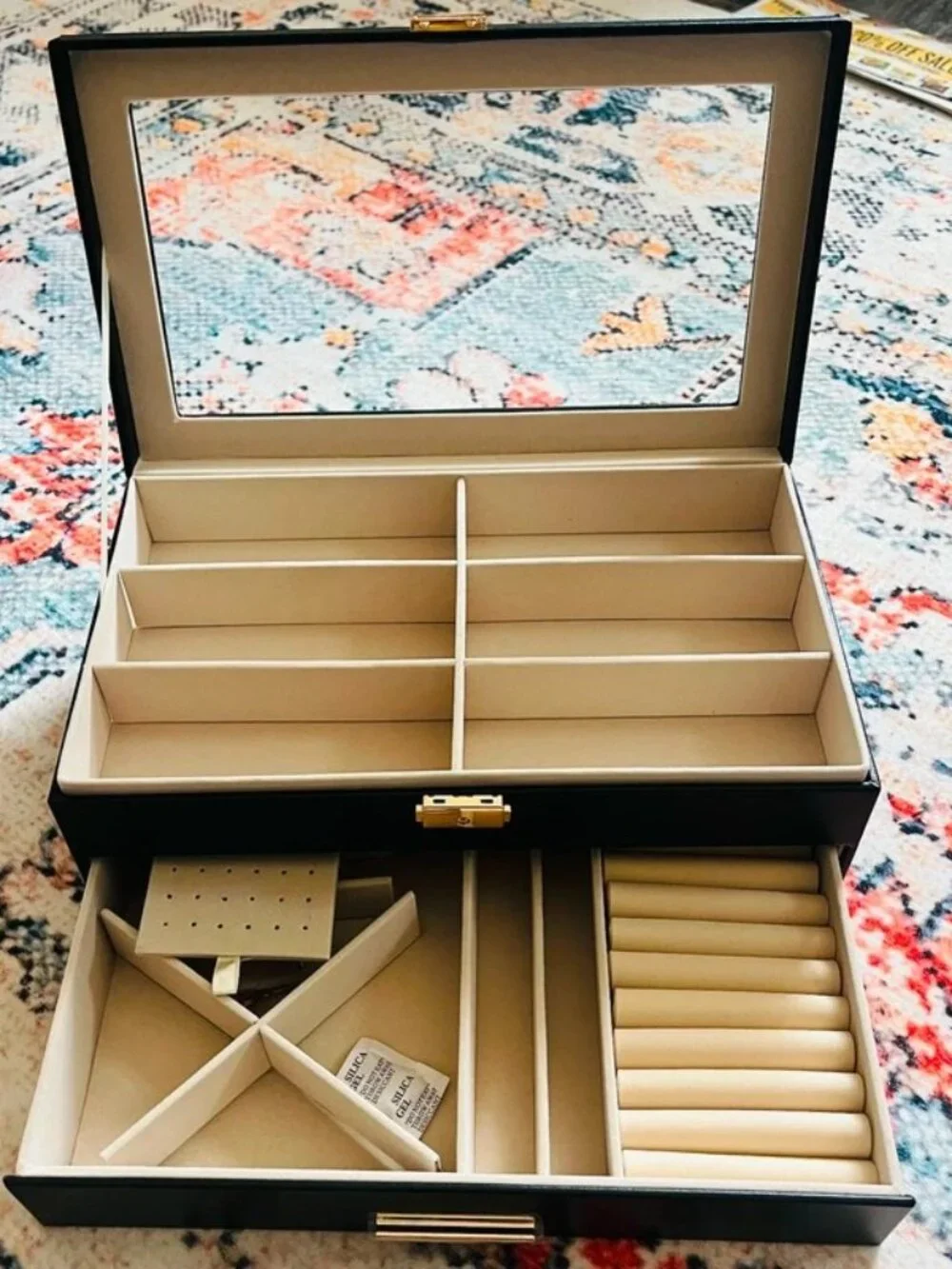 Black Jewelry Organizer Box with Glass Top and Gold Accents